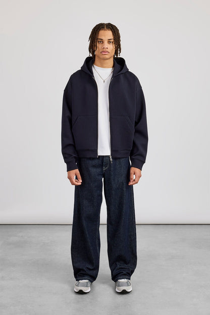 Cernucci Scuba Zip Through Boxy Hoodie - Navy — S — Top View