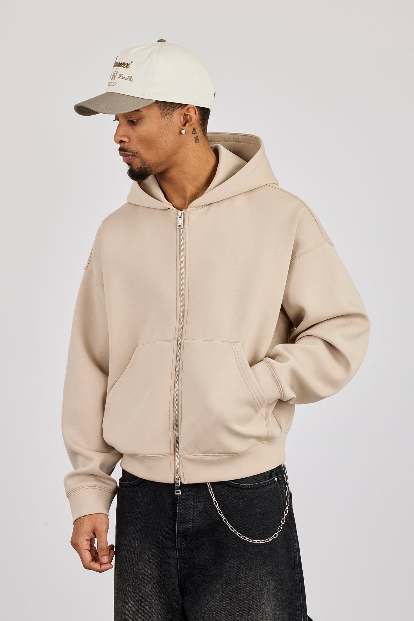 Cernucci Scuba Zip Through Boxy Hoodie - Stone — S — Front View