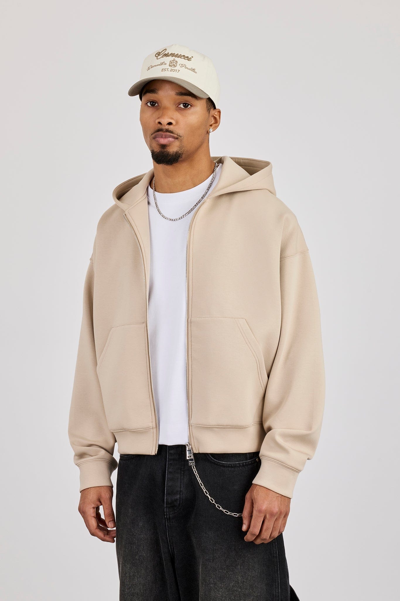 Cernucci Scuba Zip Through Boxy Hoodie - Stone — S — Back View