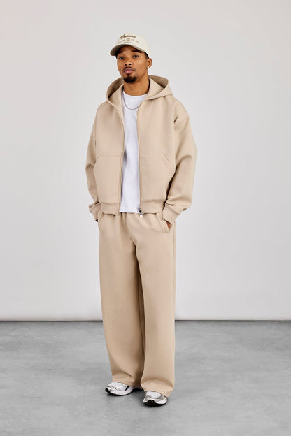 Cernucci Scuba Zip Through Boxy Hoodie & Baggy Fit Trouser - Stone — S — Size S — Front View