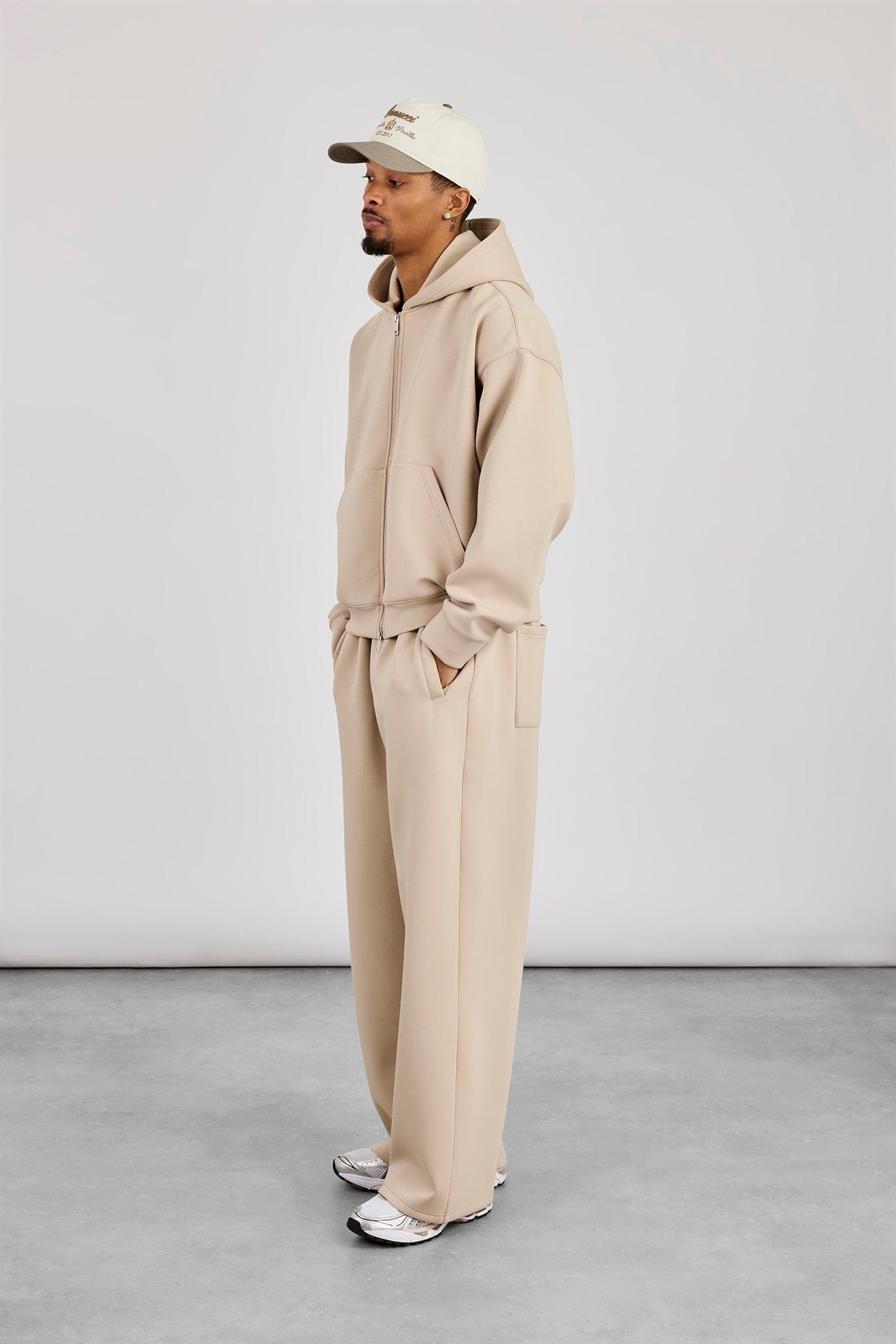 Cernucci Scuba Zip Through Boxy Hoodie & Baggy Fit Trouser - Stone — S — Size S — Side View