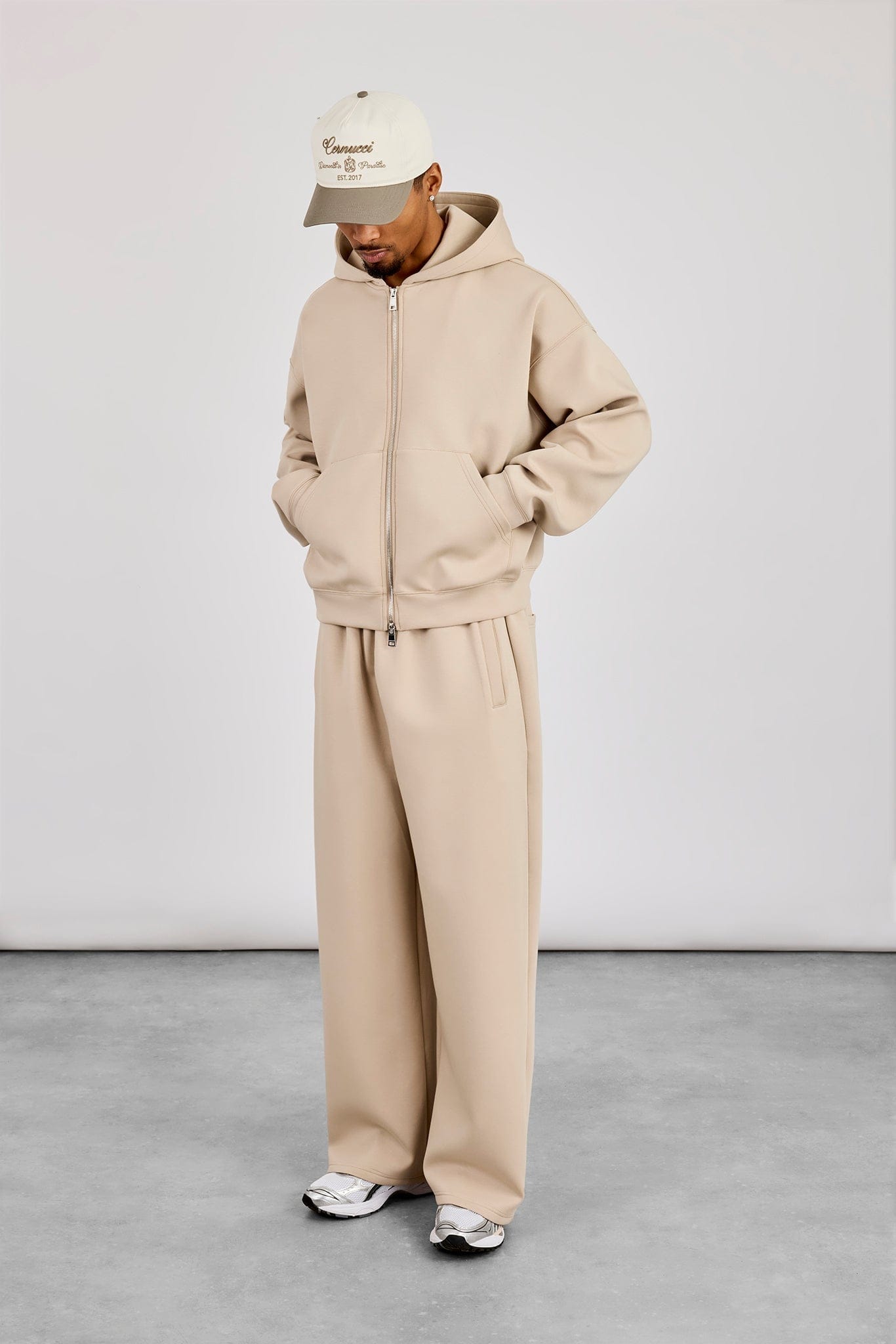 Cernucci Scuba Zip Through Boxy Hoodie & Baggy Fit Trouser - Stone — S — Size S — Back View