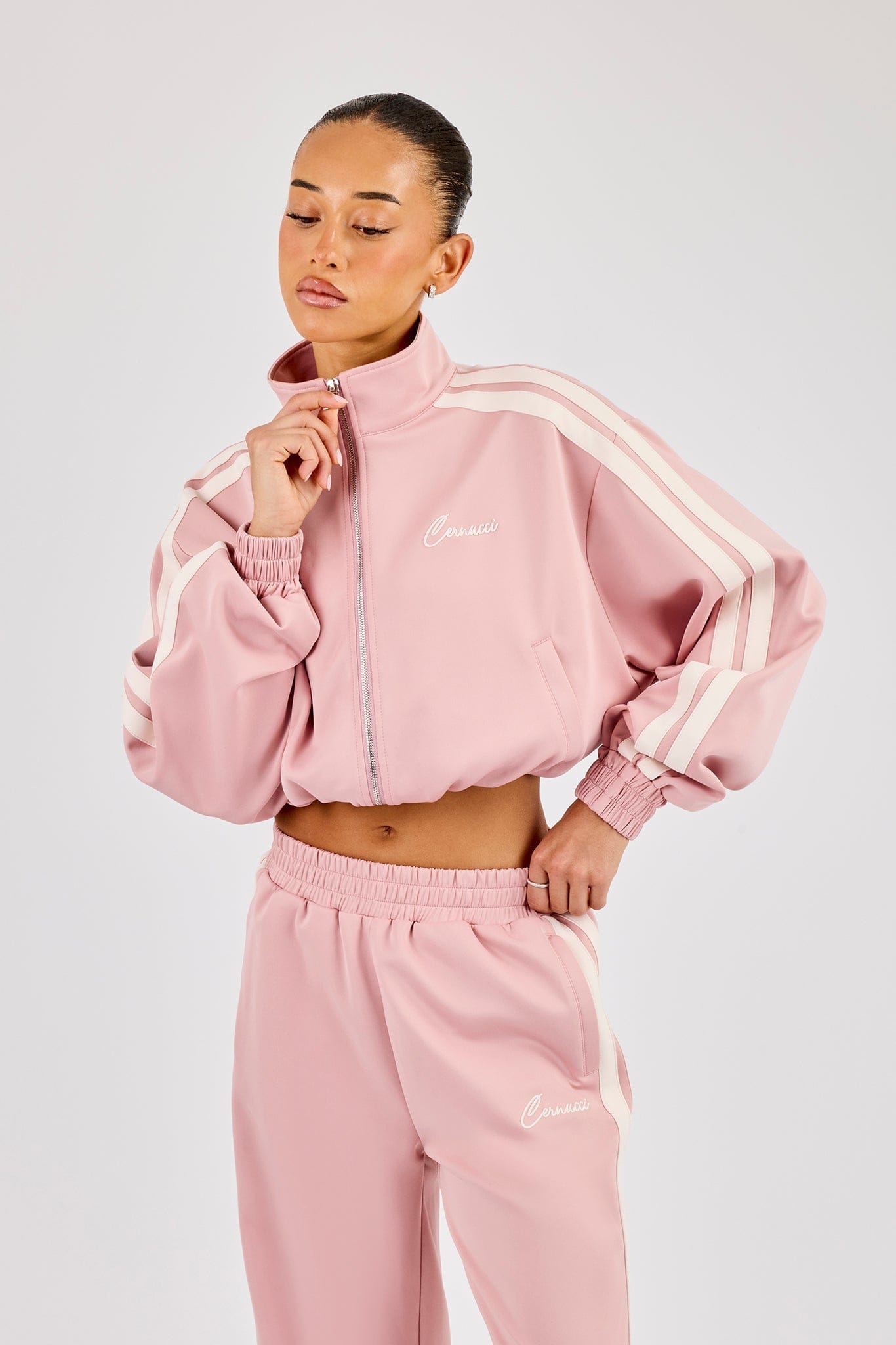 Cernucci Taping Cropped Funnel Neck Jacket - Dusty Pink — XS — Front View