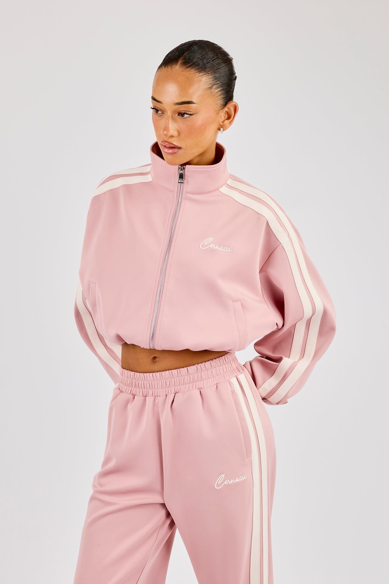 Cernucci Taping Cropped Funnel Neck Jacket - Dusty Pink — XS — Top View