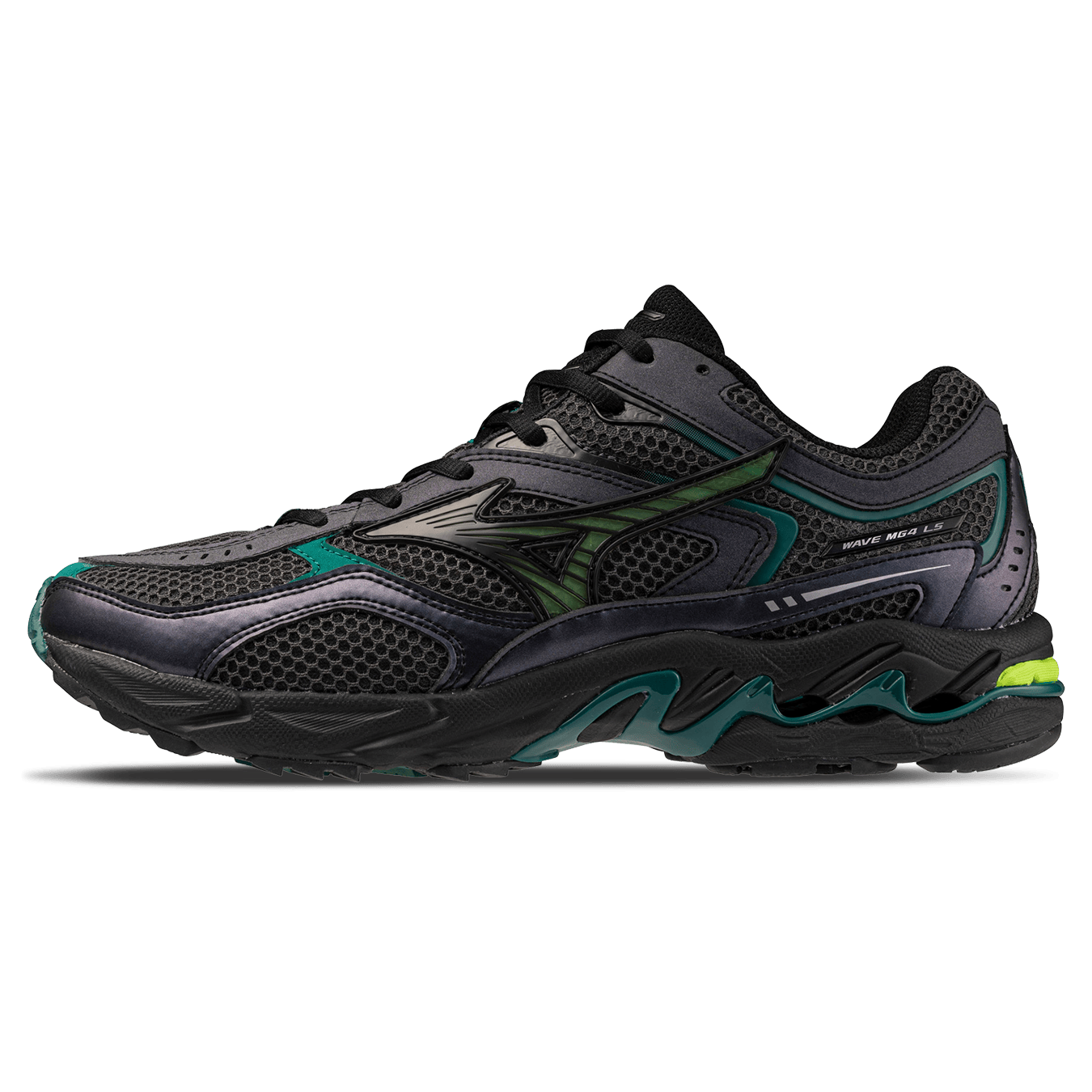 Mizuno Wave Mustang LS Sport 'Black Oyster Green Glow Aventurine' — UK 4 | EU 36.5 | US 5 — Front View