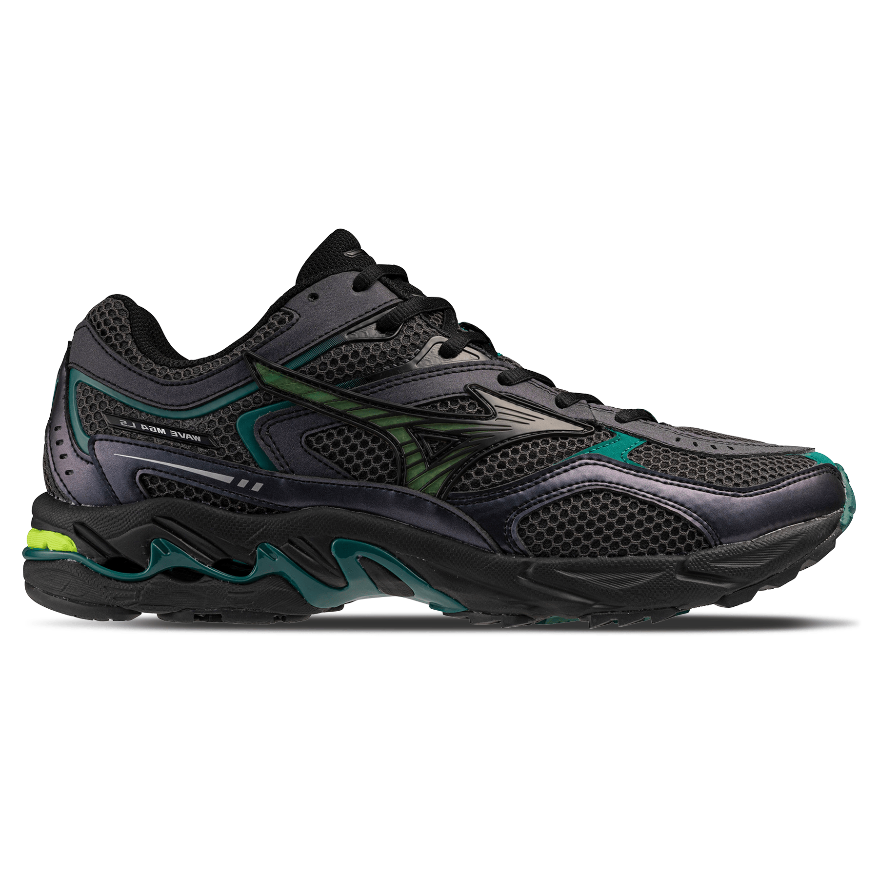 Mizuno Wave Mustang LS Sport 'Black Oyster Green Glow Aventurine' — UK 4 | EU 36.5 | US 5 — Side View