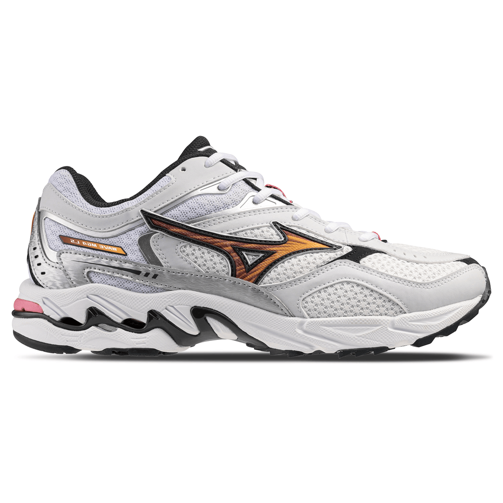 Mizuno Wave Mustang LS OG 'White Artisan's Gold Galaxy Silver' — UK 4 | EU 36.5 | US 5 — Side View