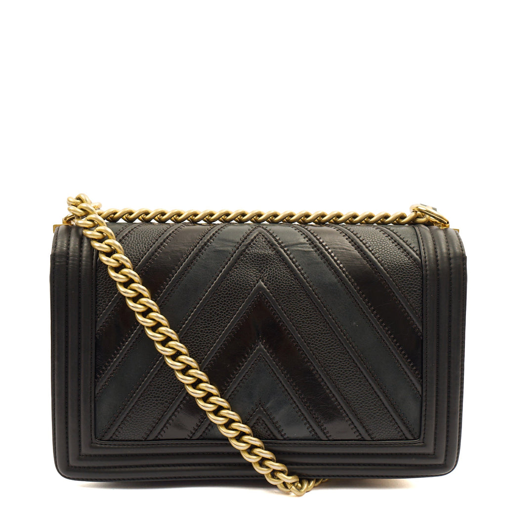 Chanel Shoulder Bag Boy - Medium in Black, Calfskin Leather — Back View