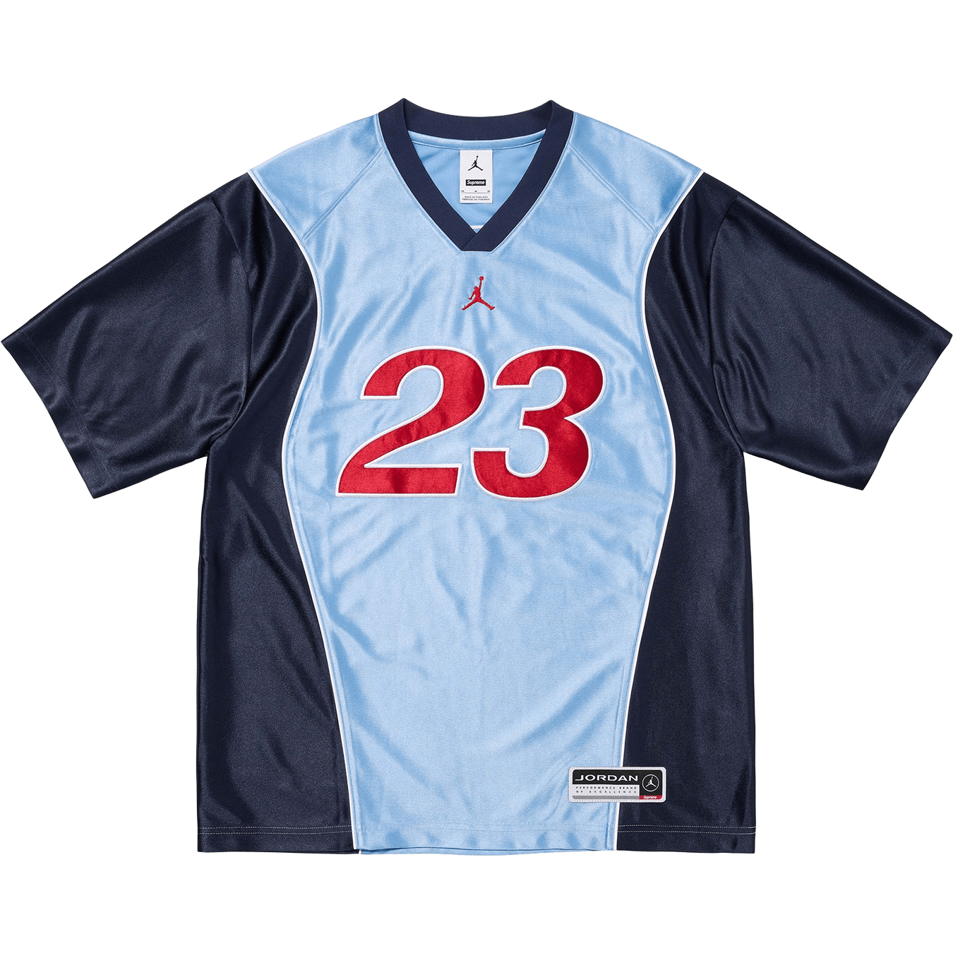 Supreme x Jordan Warm Up Jersey 'Light Blue/Navy' — XXS — Front View