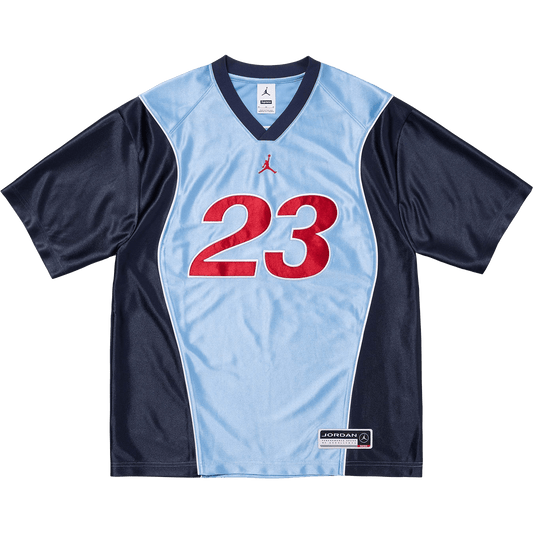 Supreme x Jordan Warm Up Jersey 'Light Blue/Navy' — XXS — Front View