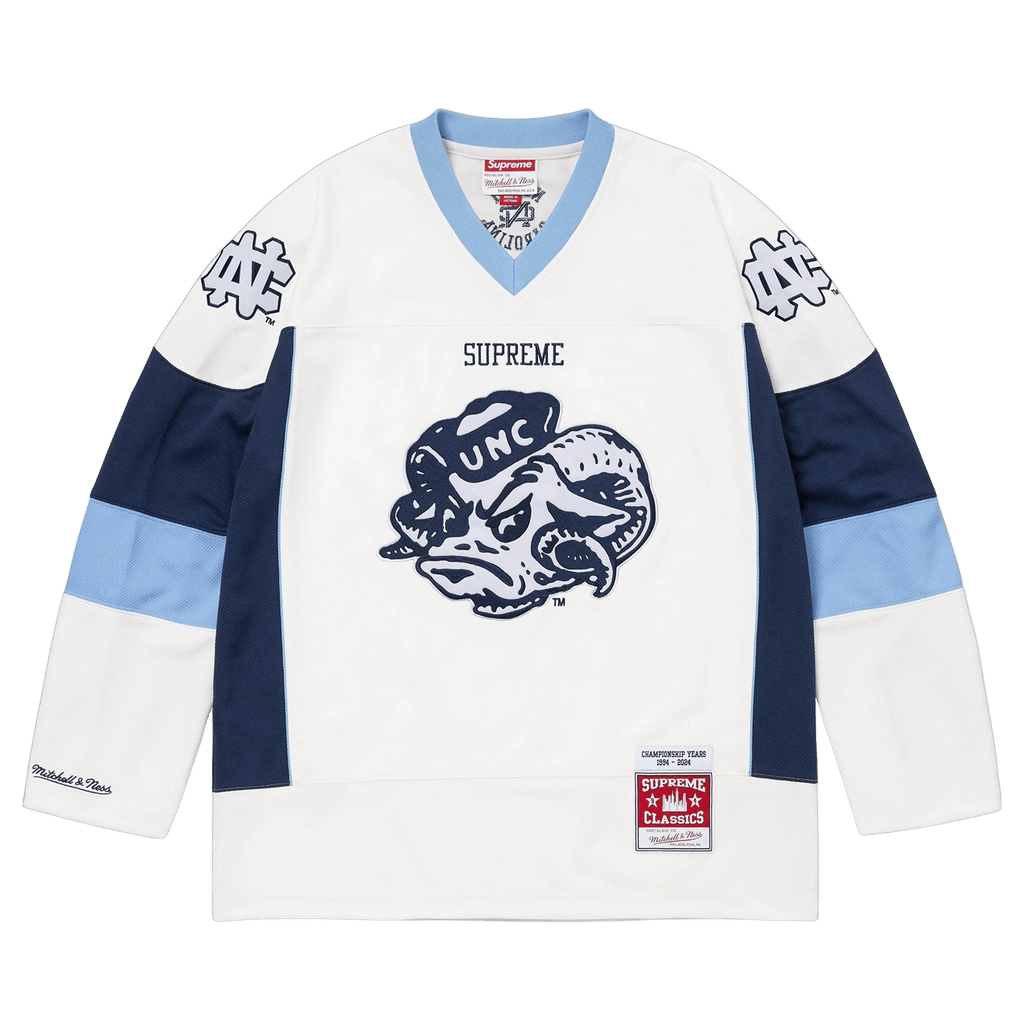 Supreme x Mitchell & Ness NCAA Hockey Jersey 'White' — XXS — Front View