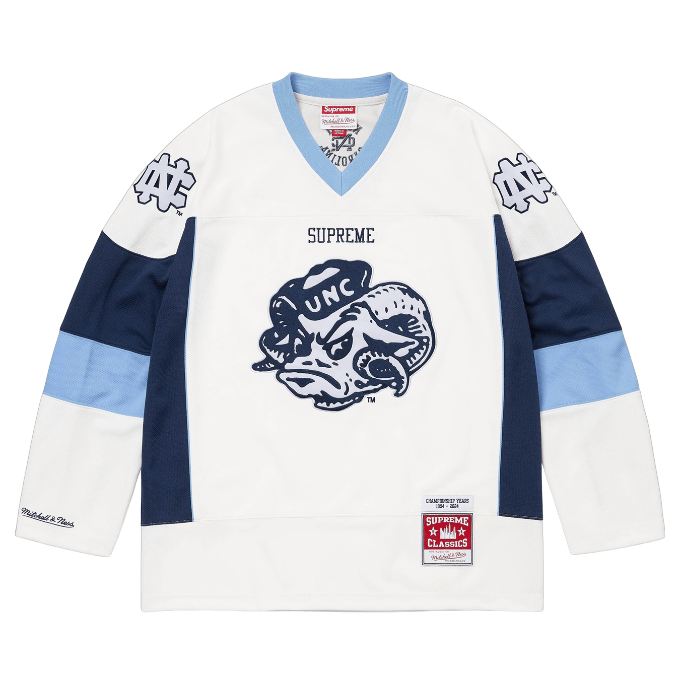 Supreme x Mitchell & Ness NCAA Hockey Jersey 'White' — XXS — Front View