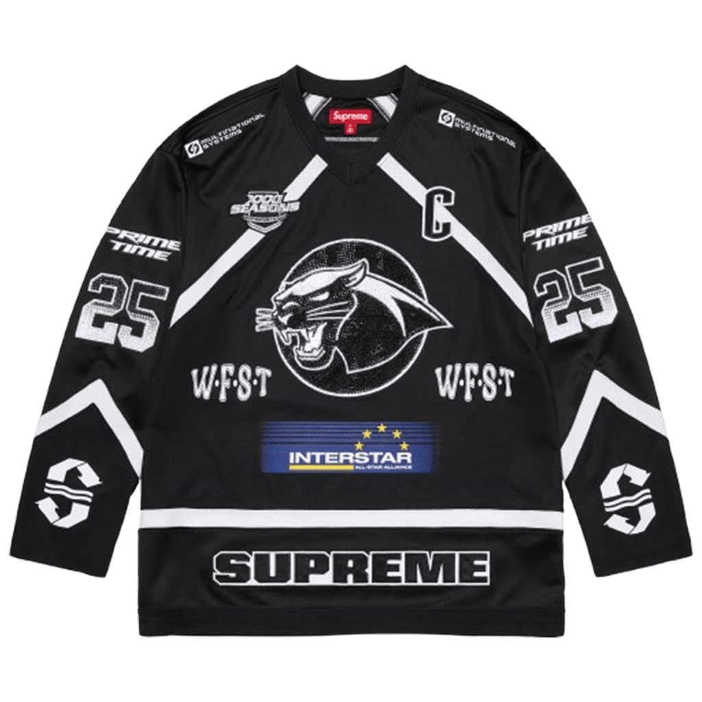 Supreme Rhinestone Hockey Jersey 'Black' — XXS — Front View