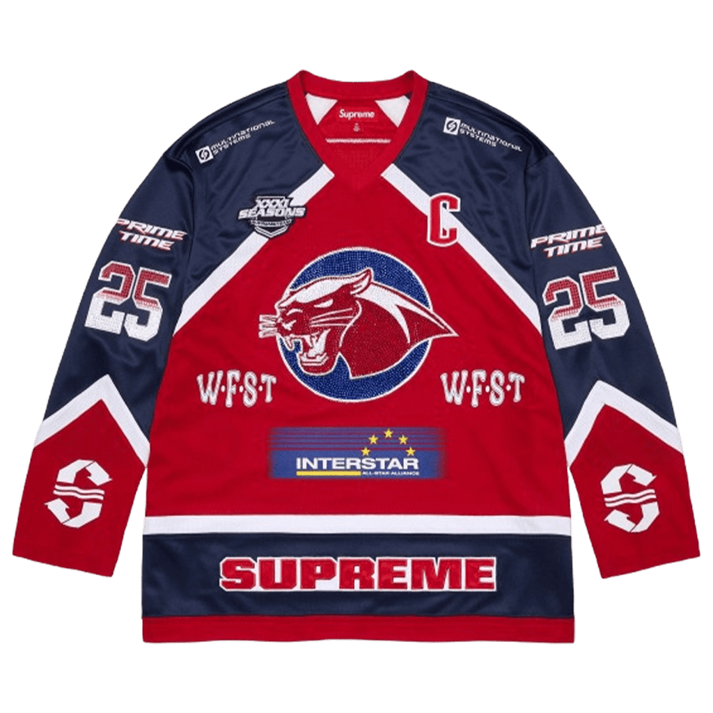 Supreme Rhinestone Hockey Jersey 'Red' — XXS — Front View