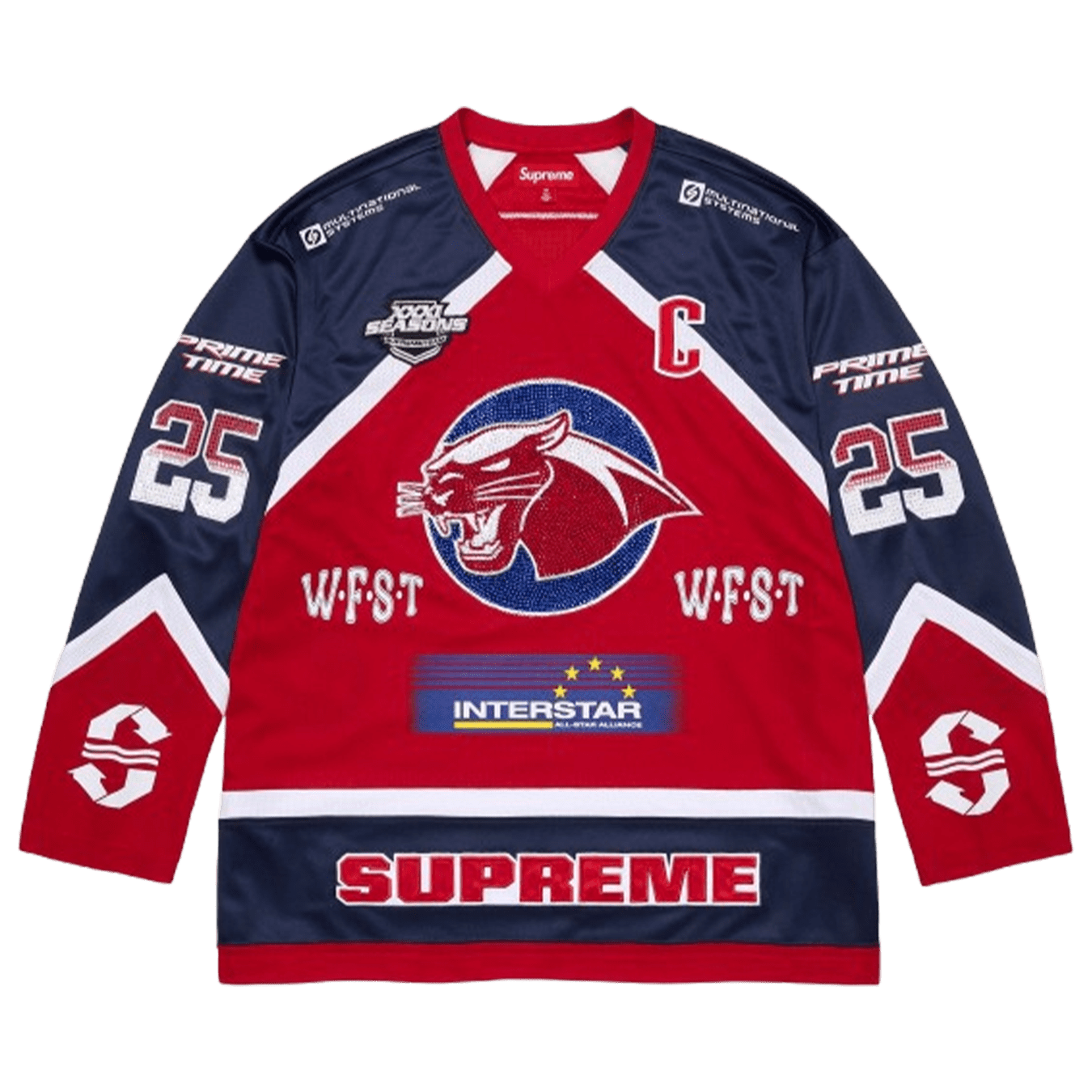 Supreme Rhinestone Hockey Jersey 'Red' — XXS — Front View