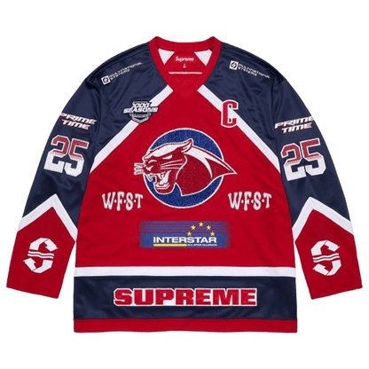 Supreme Rhinestone Hockey Jersey 'Red' — XXS — Front View