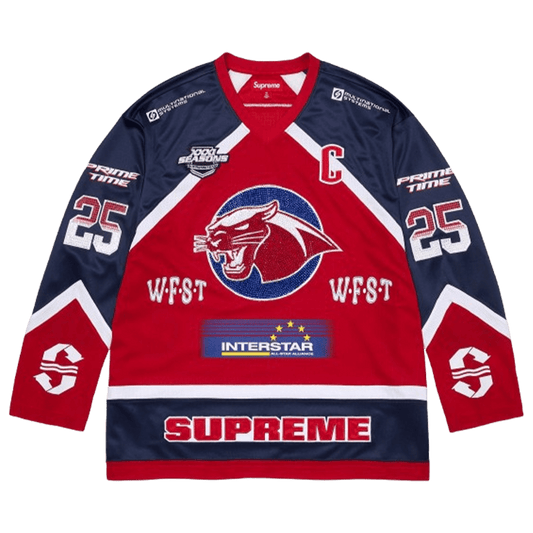 Supreme Rhinestone Hockey Jersey 'Red' — XXS — Front View