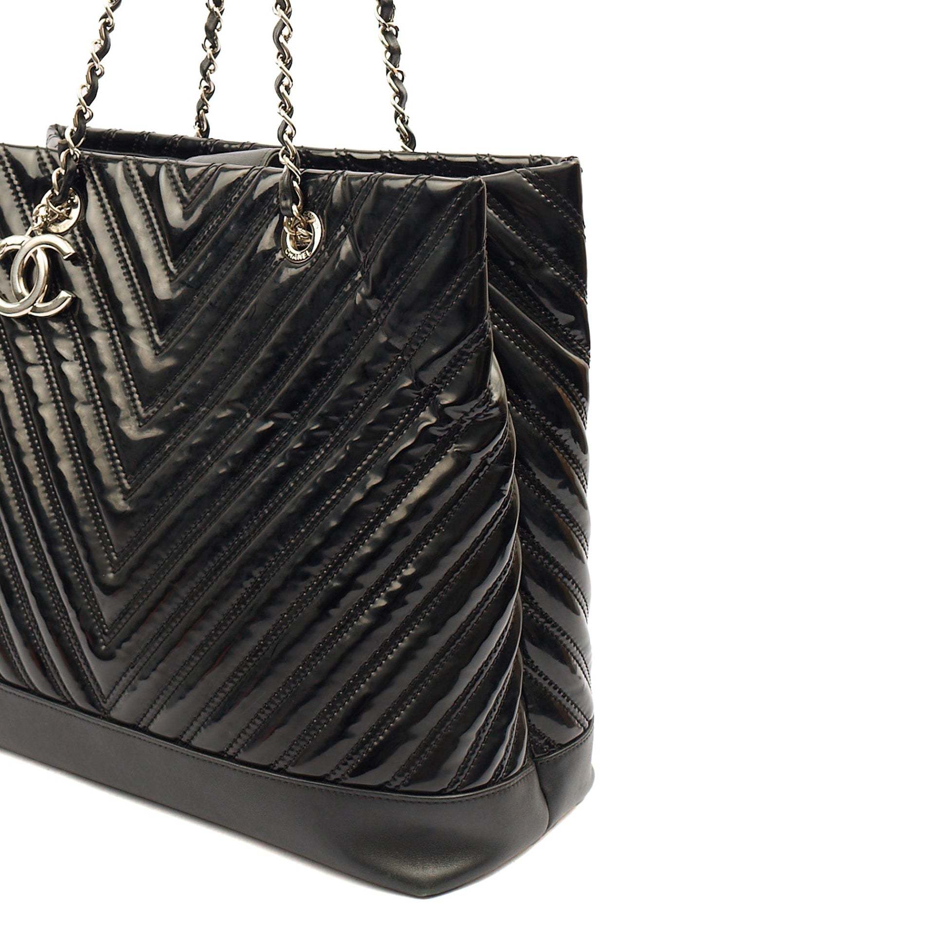 Chanel Tote in Black, Patent Leather — Detail View