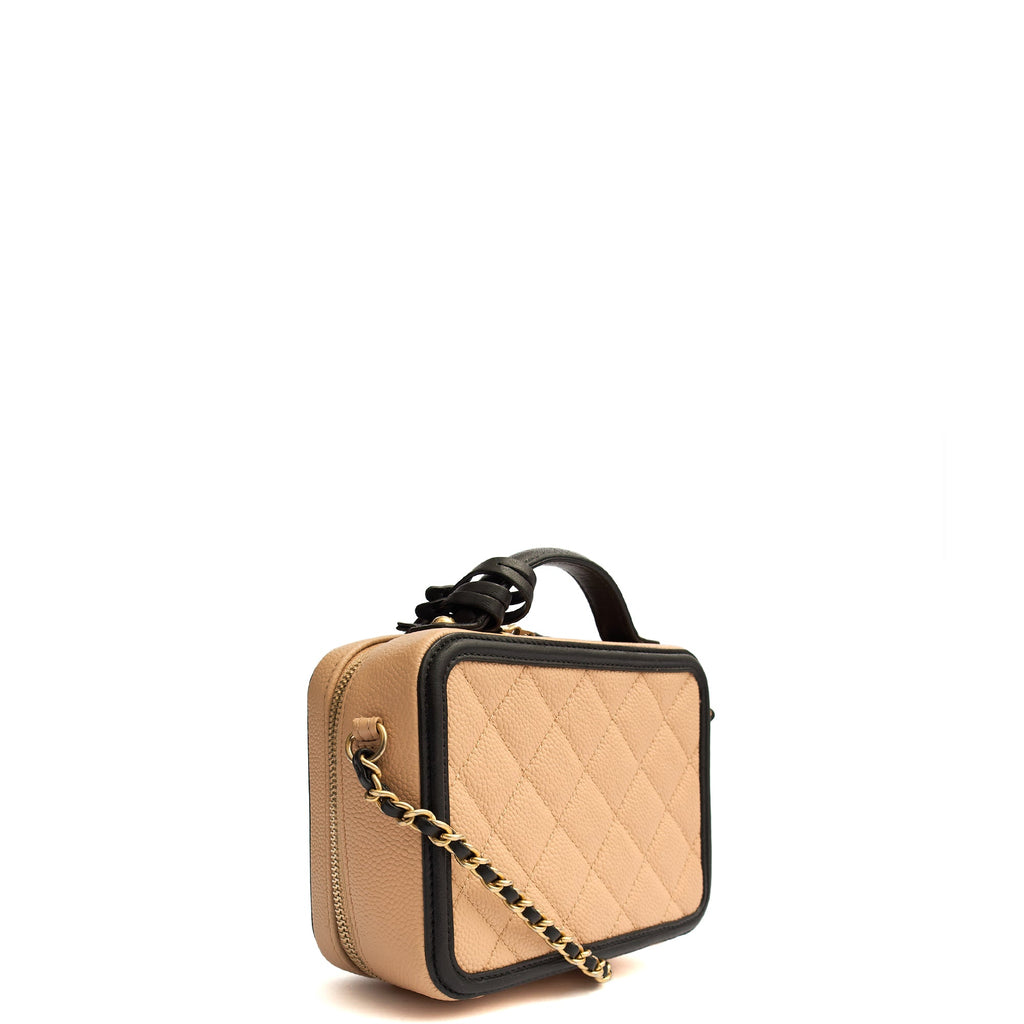 Chanel Cross Body CC Filigree Vanity Case in Neutral, Caviar Leather — Side View
