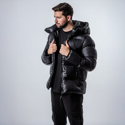 Helvetica Mountain Pioneers Silver 2 Hooded Down Jacket — S — Lifestyle View