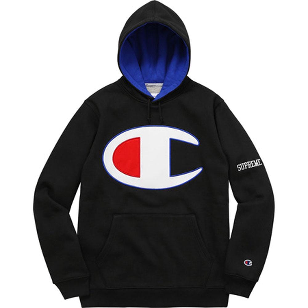 Supreme Champion Satin Logo Hoodie Black — XXS — Front View