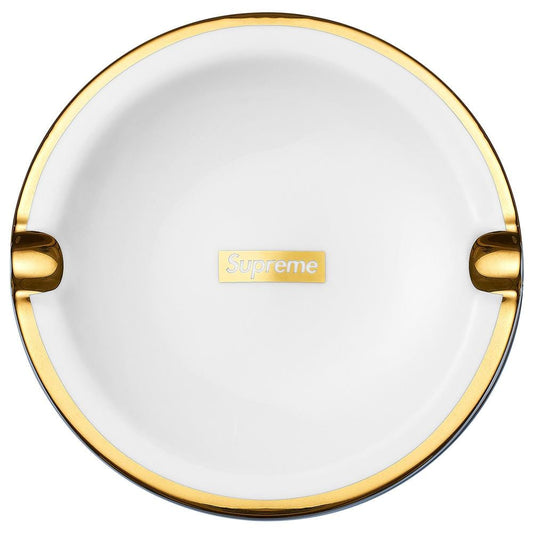 Supreme Gold Trim Ceramic Ashtray White — Front View