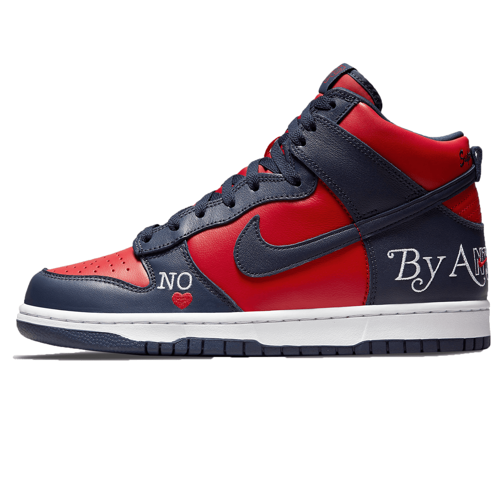 Supreme x Nike Dunk High SB 'By Any Means - Red Navy' — UK 3 | EU 35.5 | US 3.5 — Front View