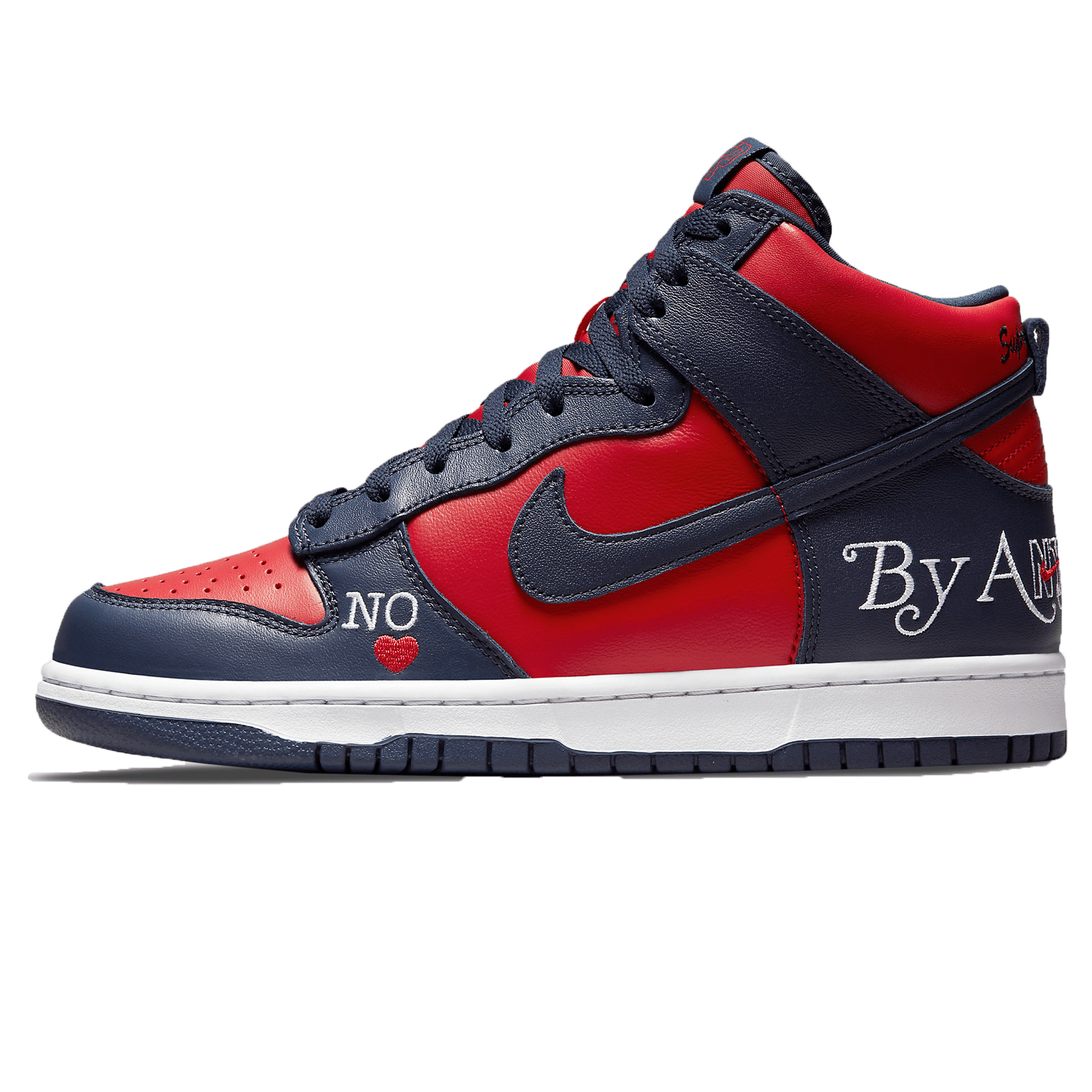 Supreme x Nike Dunk High SB 'By Any Means - Red Navy' — UK 3 | EU 35.5 | US 3.5 — Front View