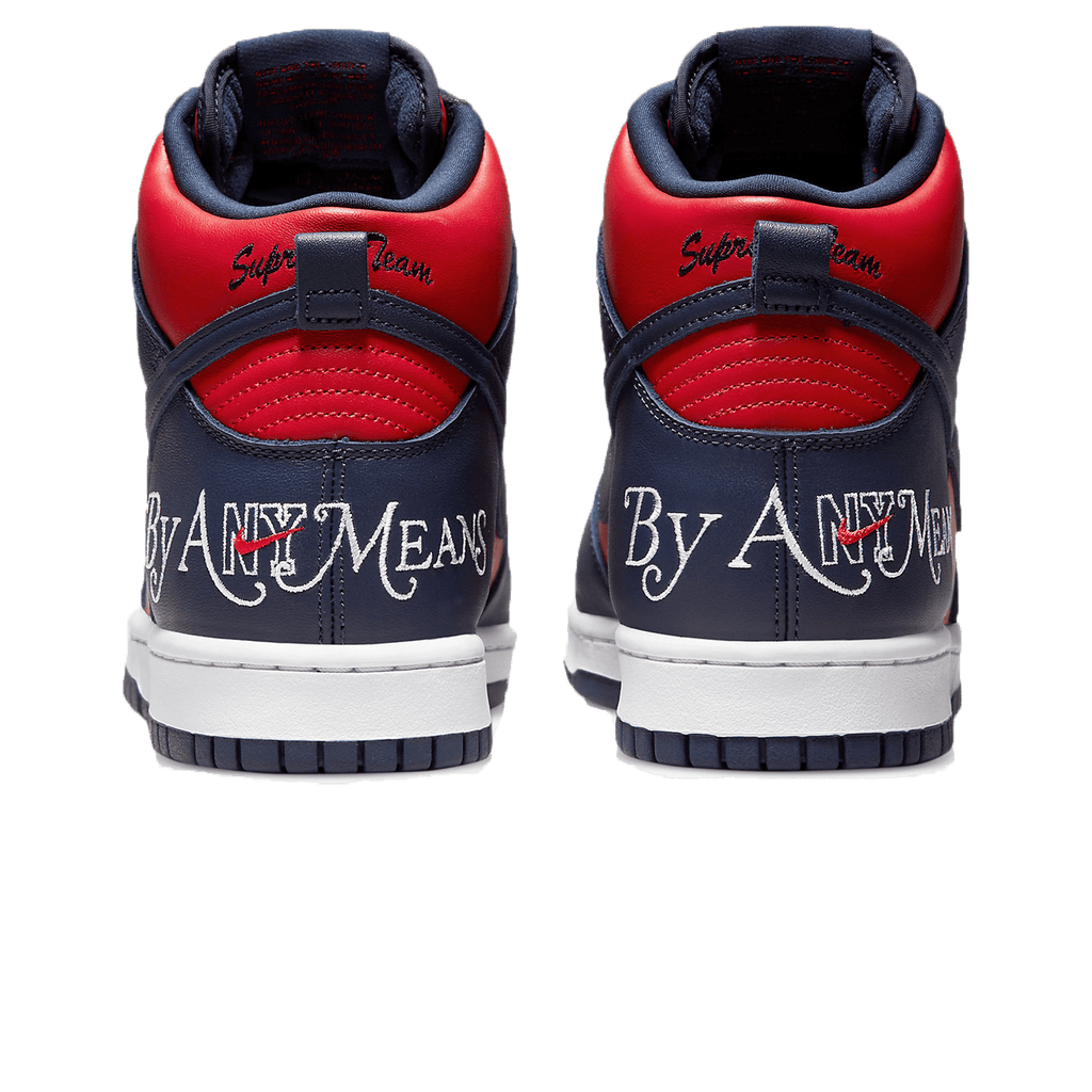 Supreme x Nike Dunk High SB 'By Any Means - Red Navy' — UK 3 | EU 35.5 | US 3.5 — Back View