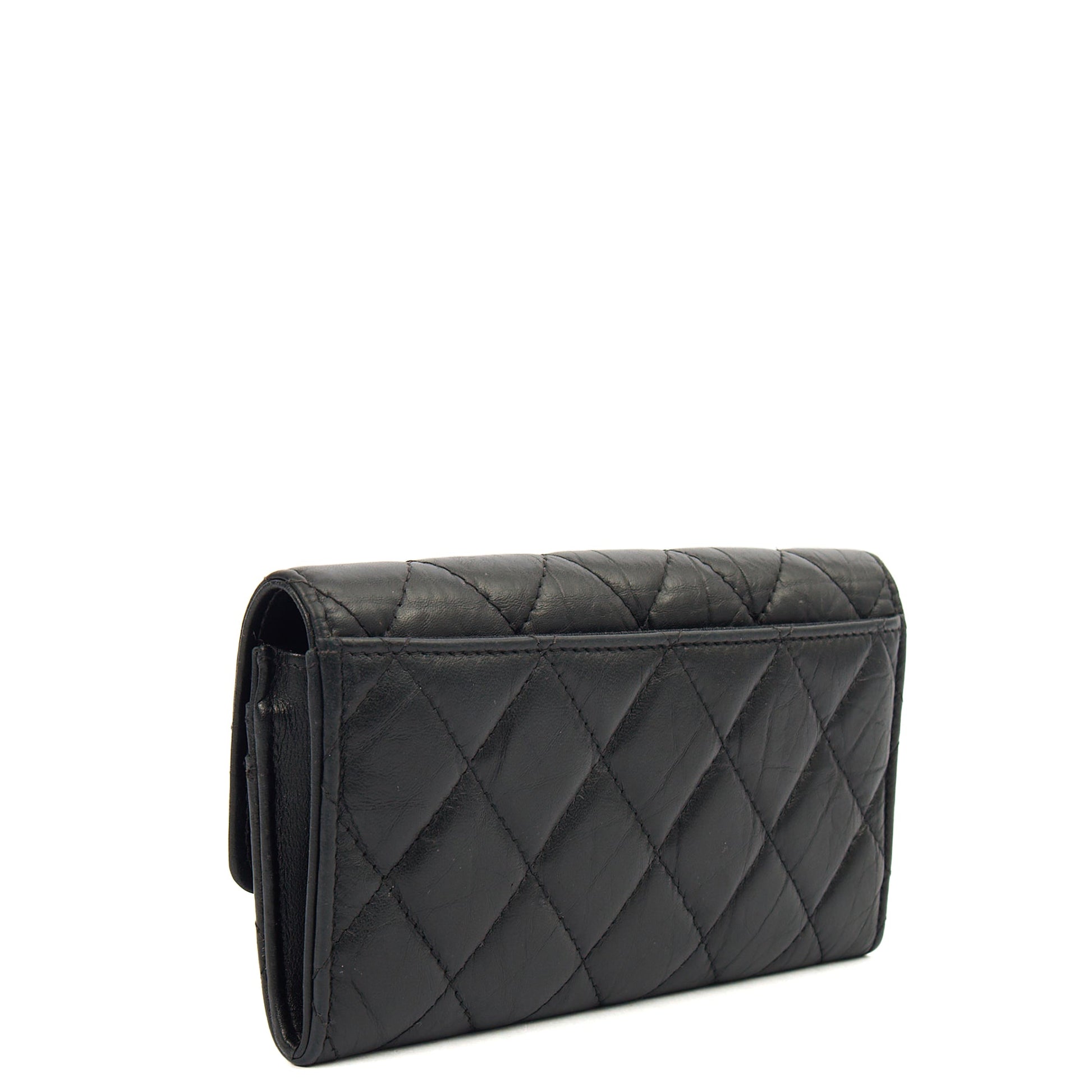 Chanel Purse Flap Wallet in Black, Crinkled Calfskin Leather — Back View