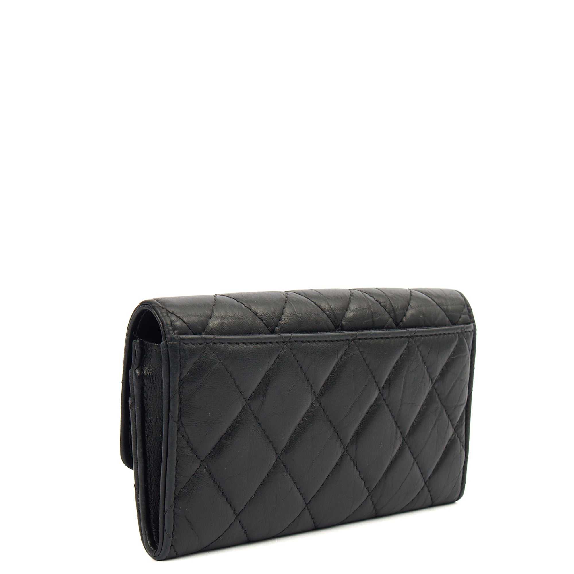 Chanel Purse Flap Wallet in Black, Crinkled Calfskin Leather — Back View