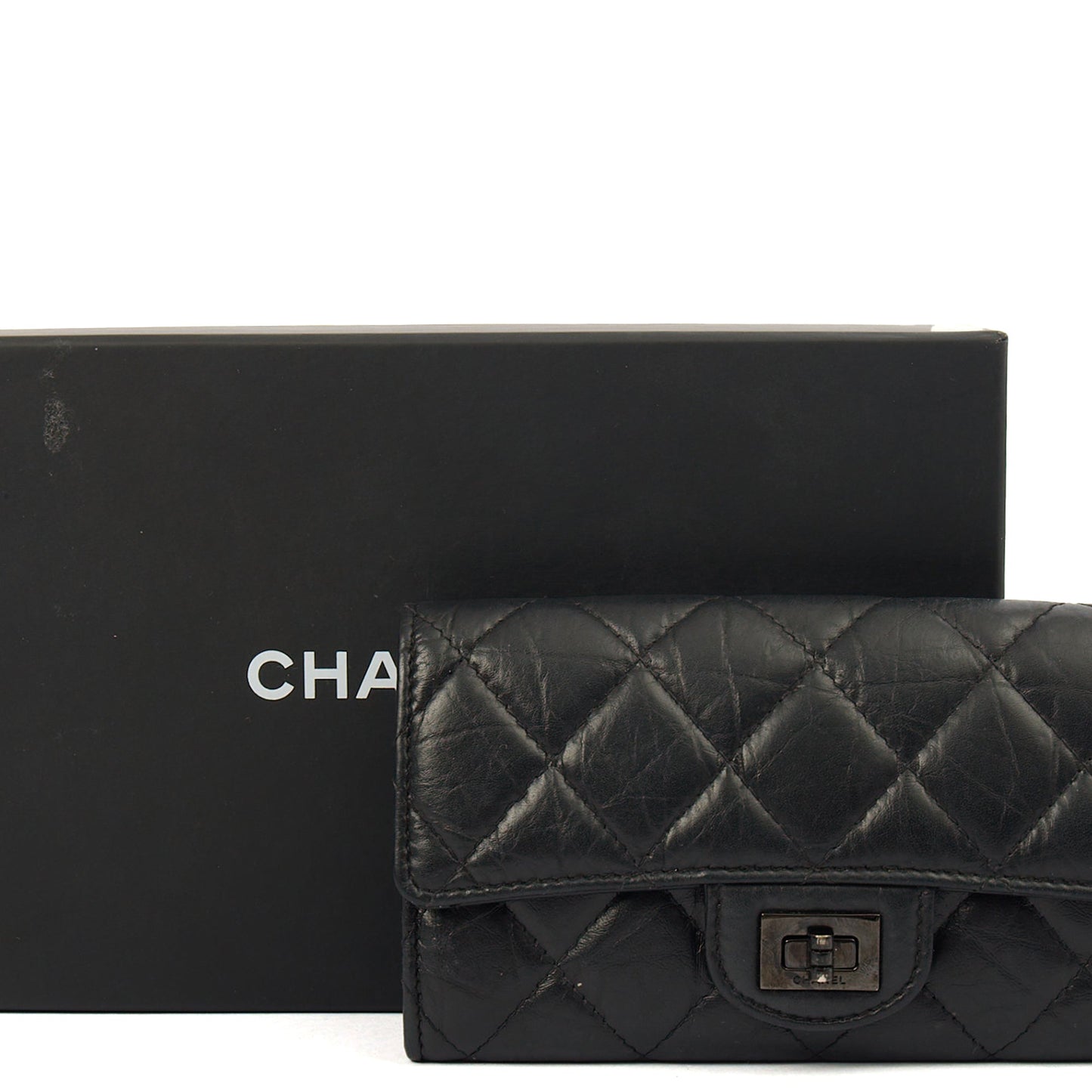 Chanel Purse Flap Wallet in Black, Crinkled Calfskin Leather — Side View