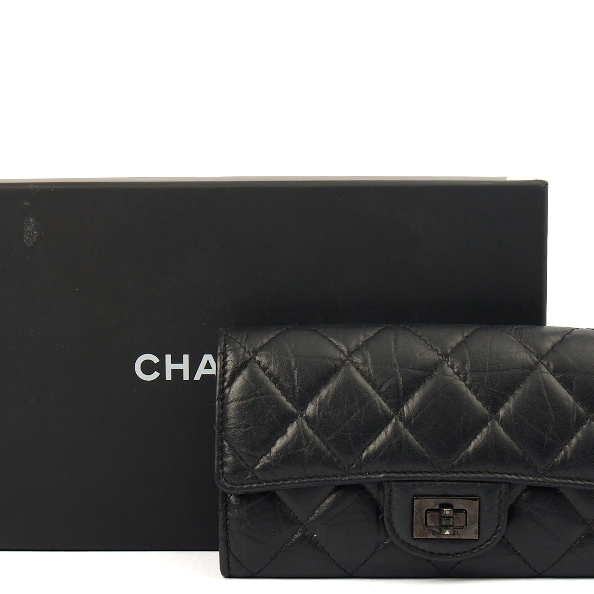 Chanel Purse Flap Wallet in Black, Crinkled Calfskin Leather — Side View