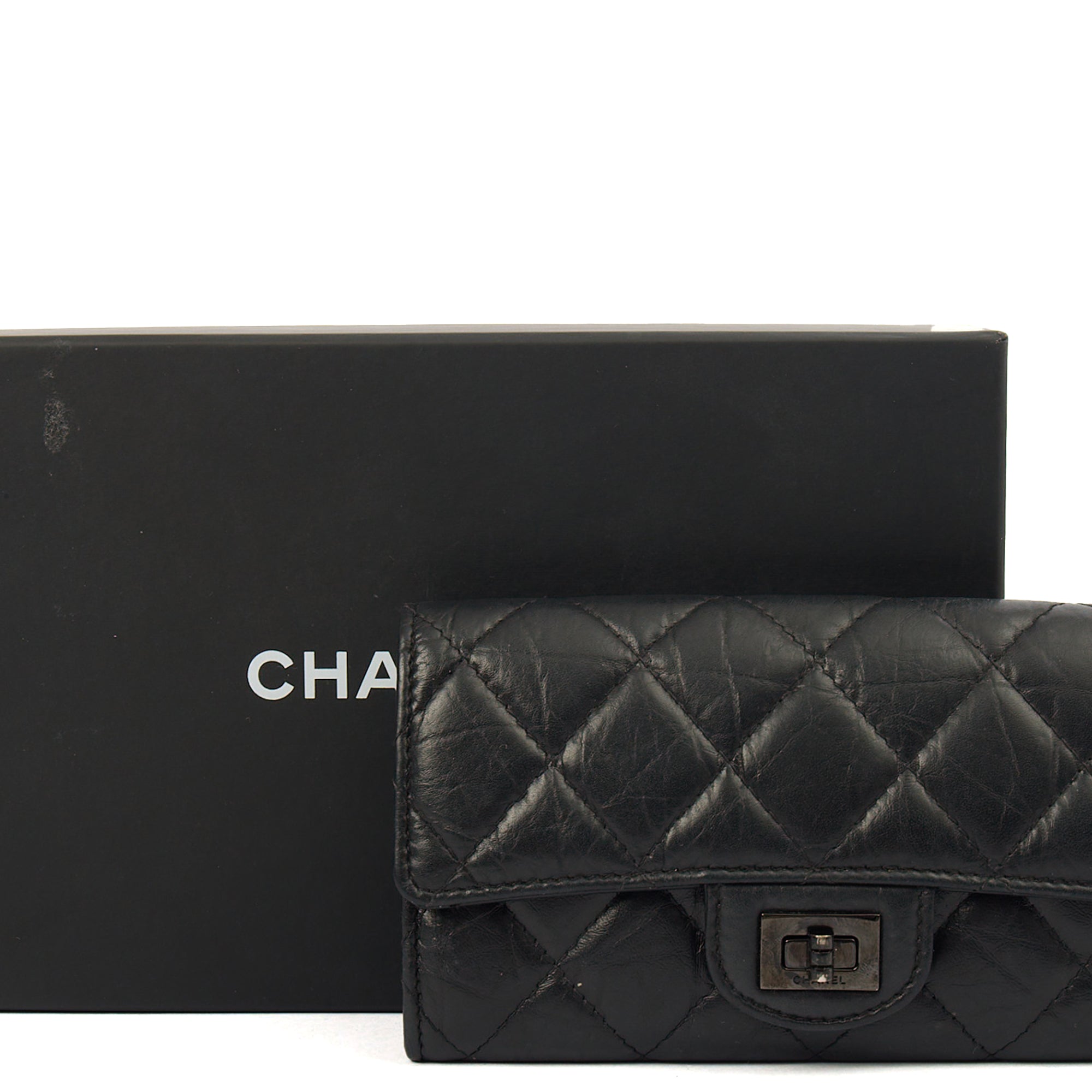 Chanel Purse Flap Wallet in Black, Crinkled Calfskin Leather — Side View