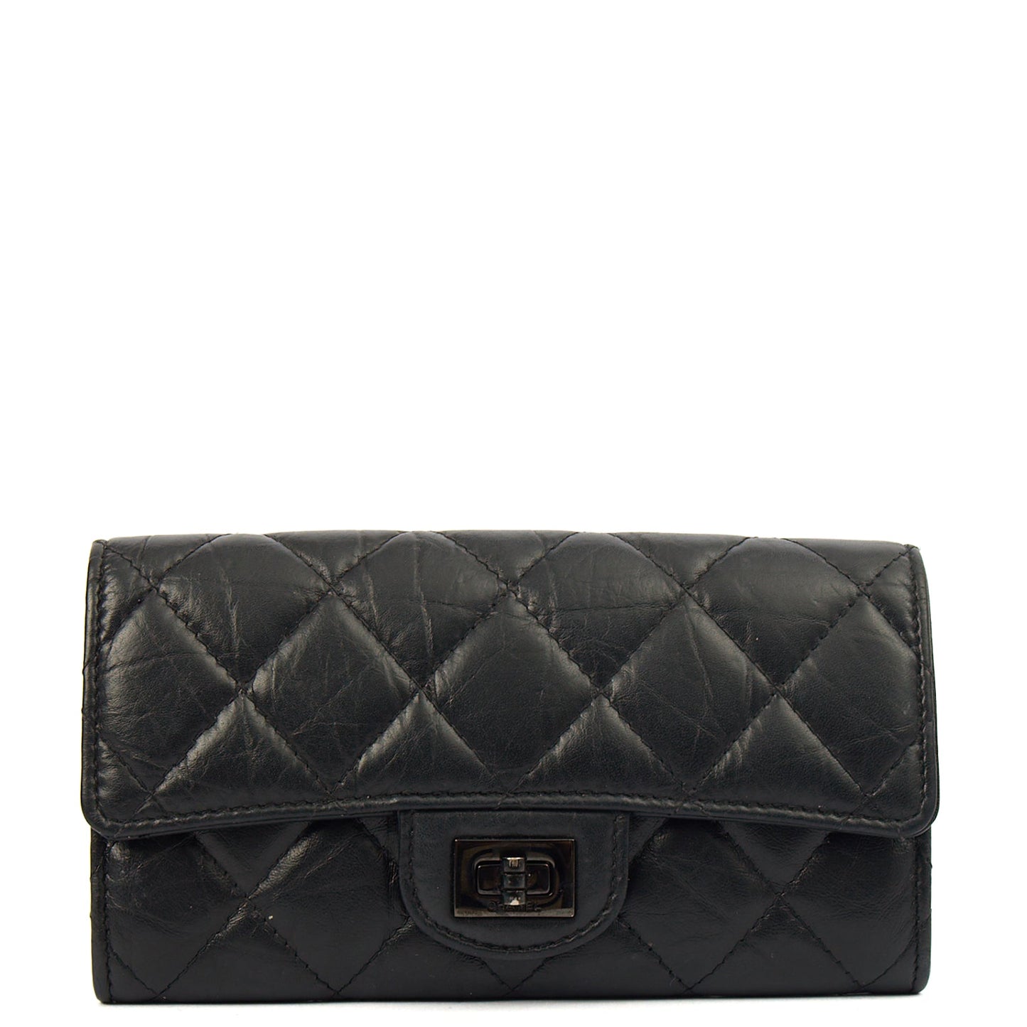 Chanel Purse Flap Wallet in Black, Crinkled Calfskin Leather — Front View