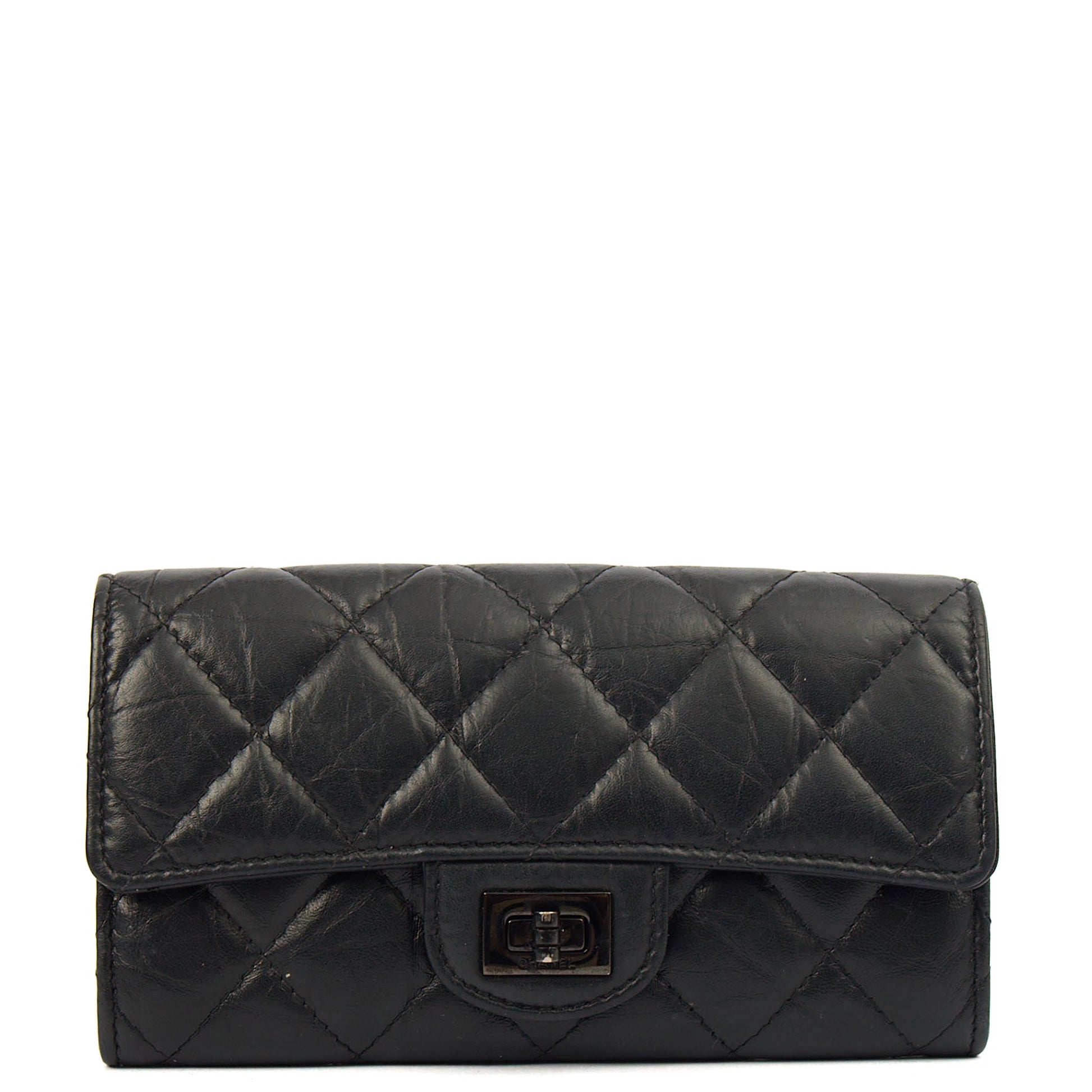 Chanel Purse Flap Wallet in Black, Crinkled Calfskin Leather — Front View