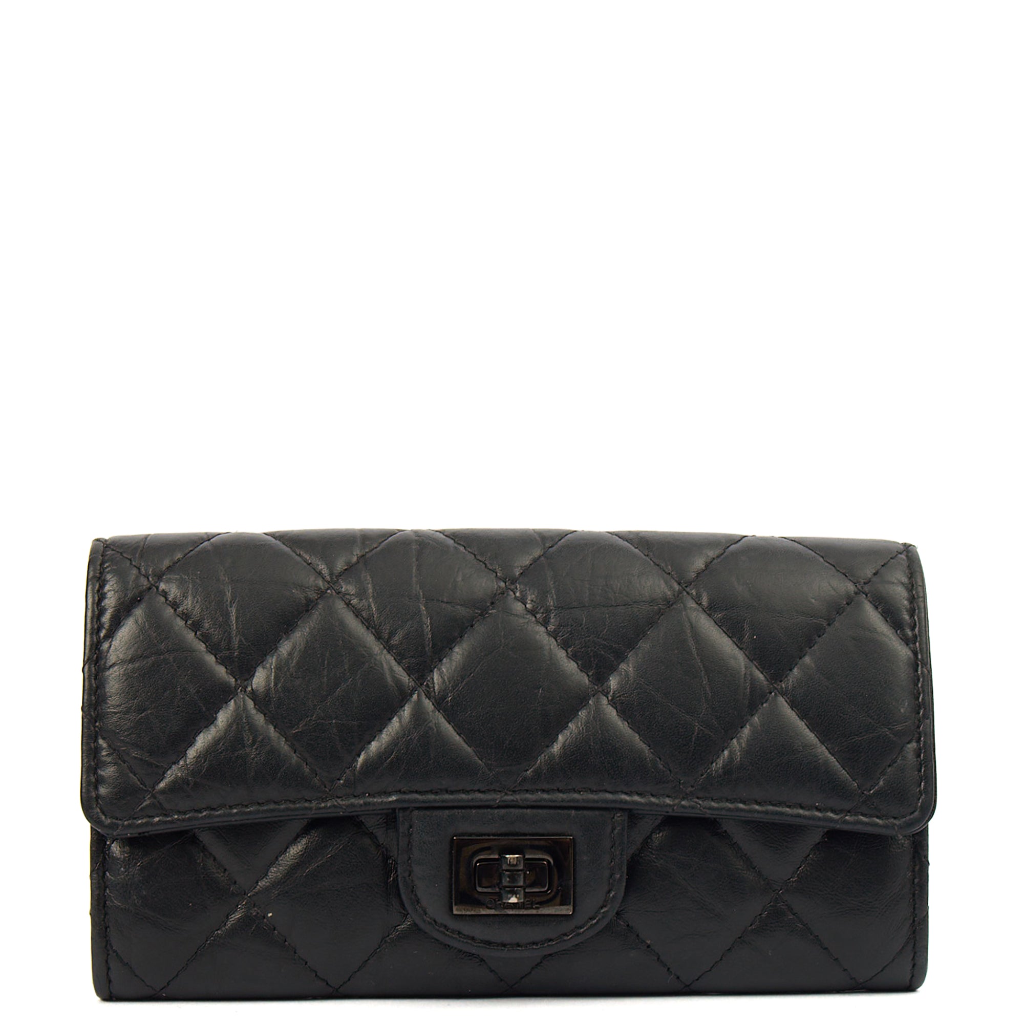 Chanel Purse Flap Wallet in Black, Crinkled Calfskin Leather — Front View