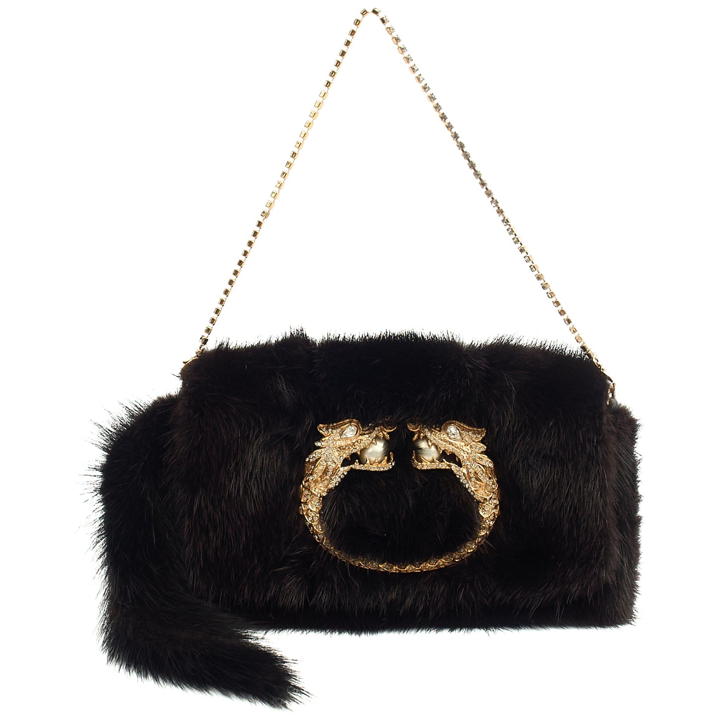 Gucci F/W 2004 Runway Mink Fur Dragon Pearl Black Clutch — Front View