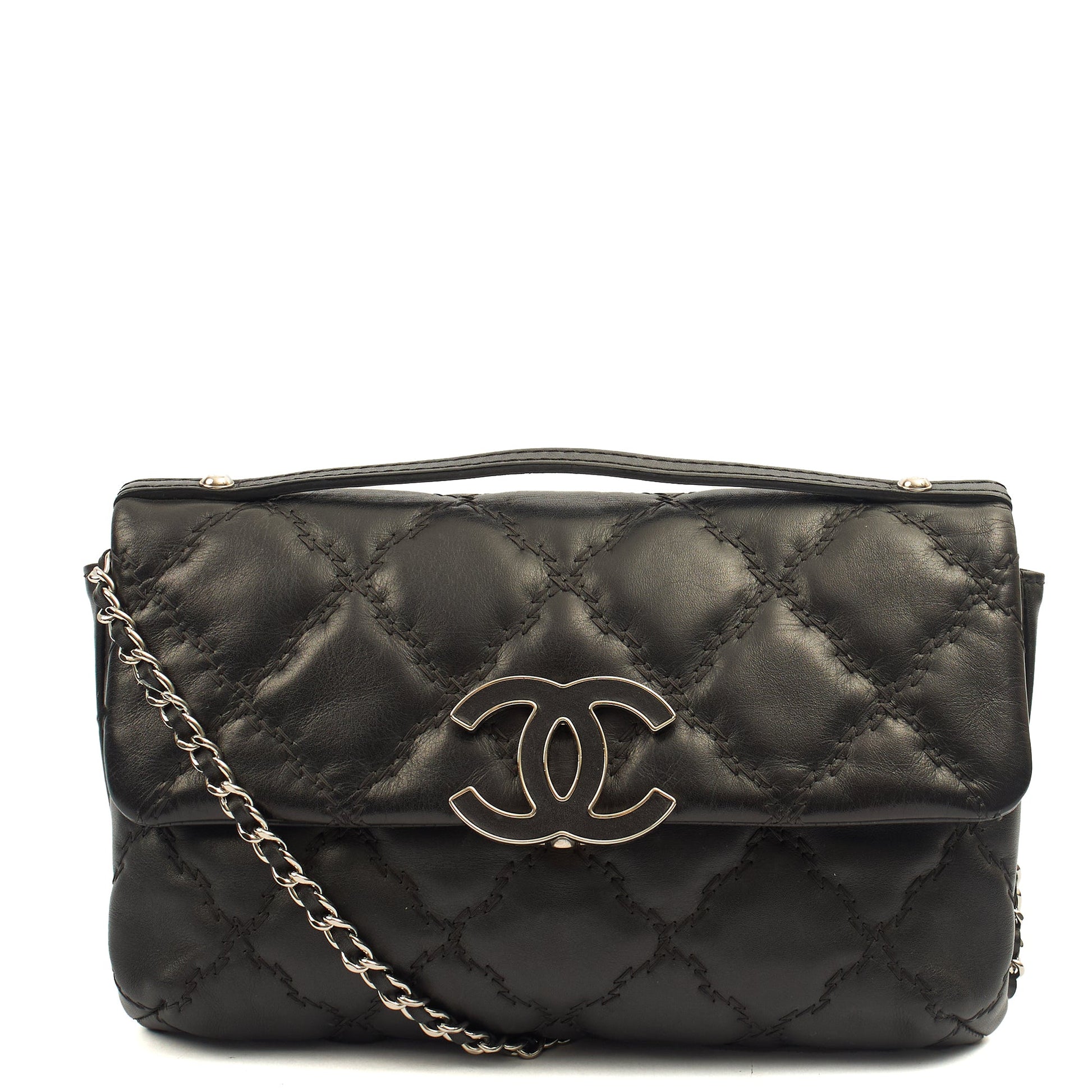 Chanel Cross Body Flap Bag in Black, Calfskin Leather — Front View
