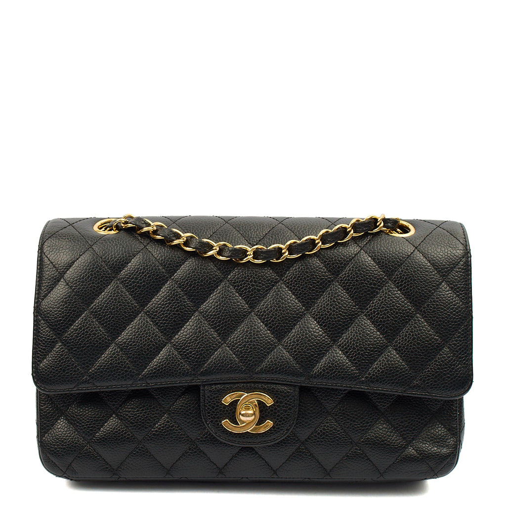 Chanel Shoulder Bag Classic Double Flap - Medium in Black, Caviar Leather — Front View