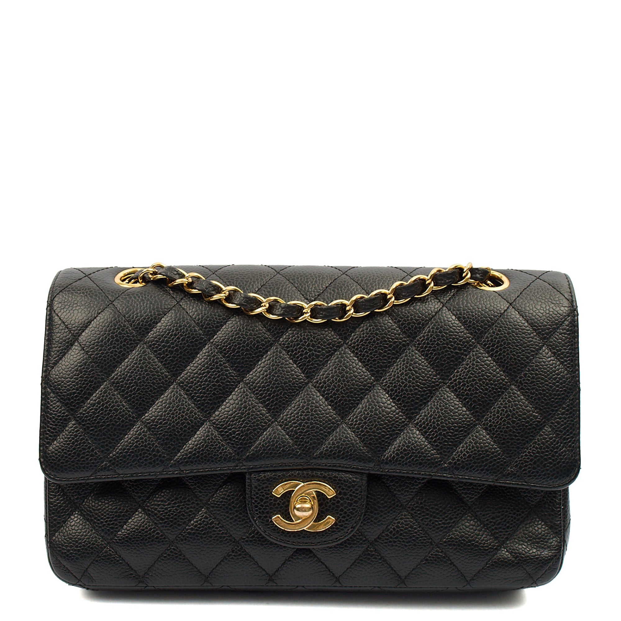 Chanel Shoulder Bag Classic Double Flap - Medium in Black, Caviar Leather — Front View