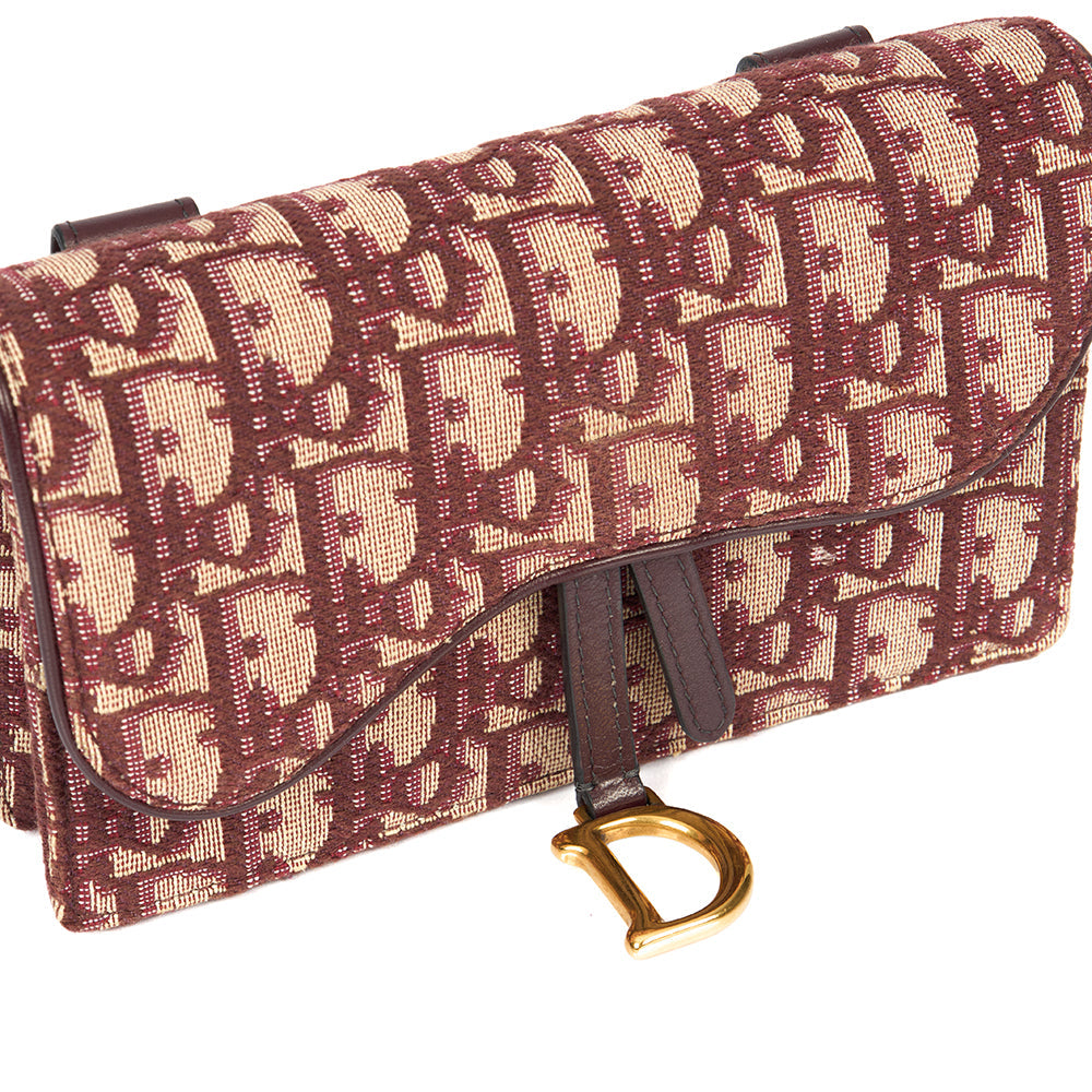 Christian Dior Mini Bag Saddle Belt Pouch in Burgundy, Oblique Jacquard Canvas — Lifestyle View