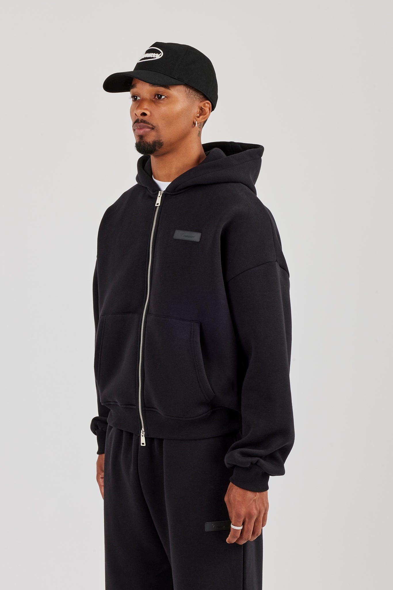 Cernucci Logo Tab Zip Hoodie  Black — S — Side View