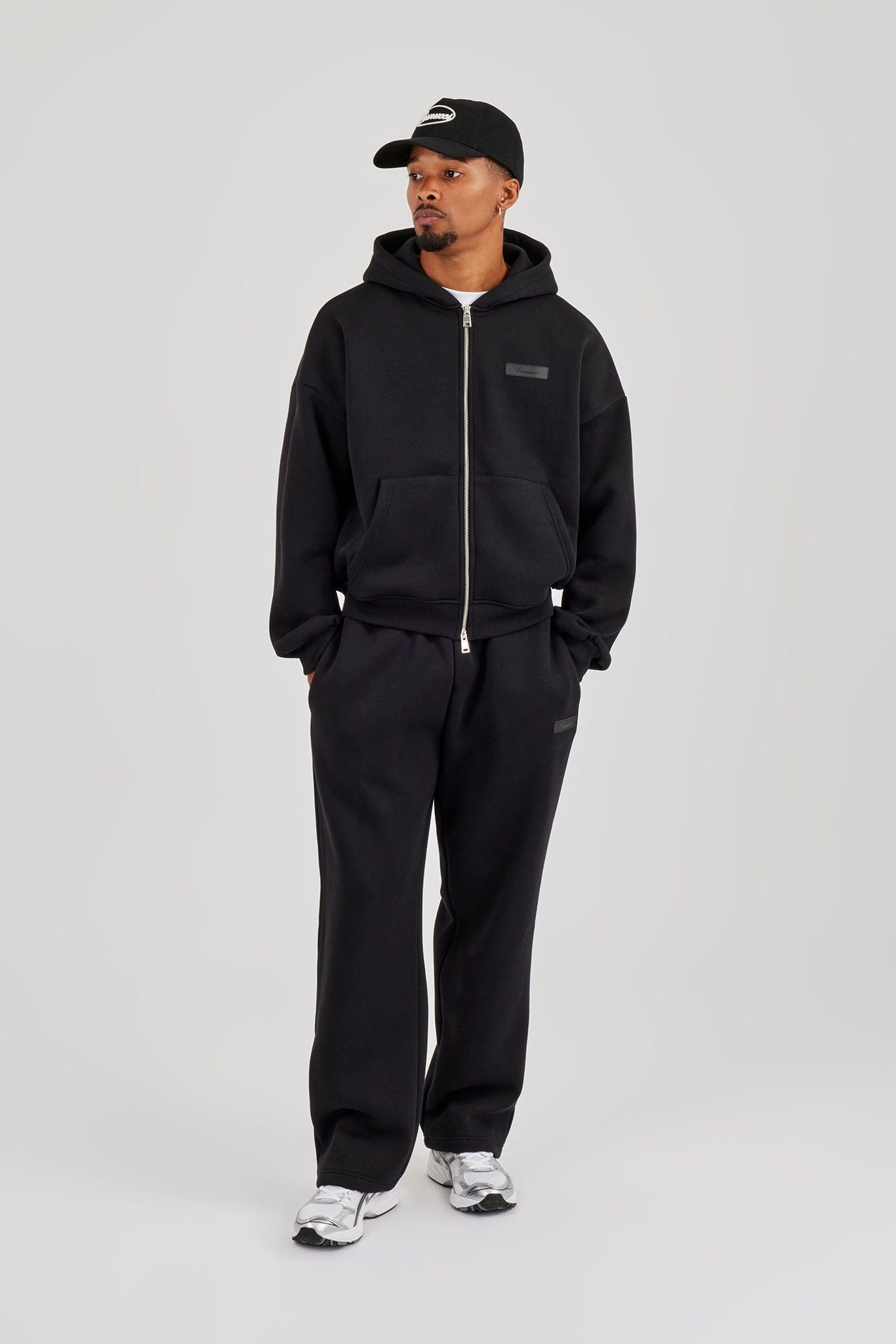 Cernucci Logo Tab Zip Hoodie & Relaxed Jogger - Black — S — Size S — Front View