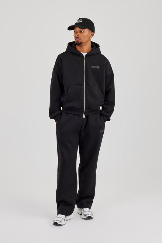 Cernucci Logo Tab Zip Hoodie & Relaxed Jogger - Black — S — Size S — Front View