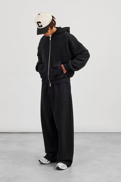 Cernucci Zip Through Boxy Hoodie & Baggy Fit Jogger - Black — S — Size S — Front View