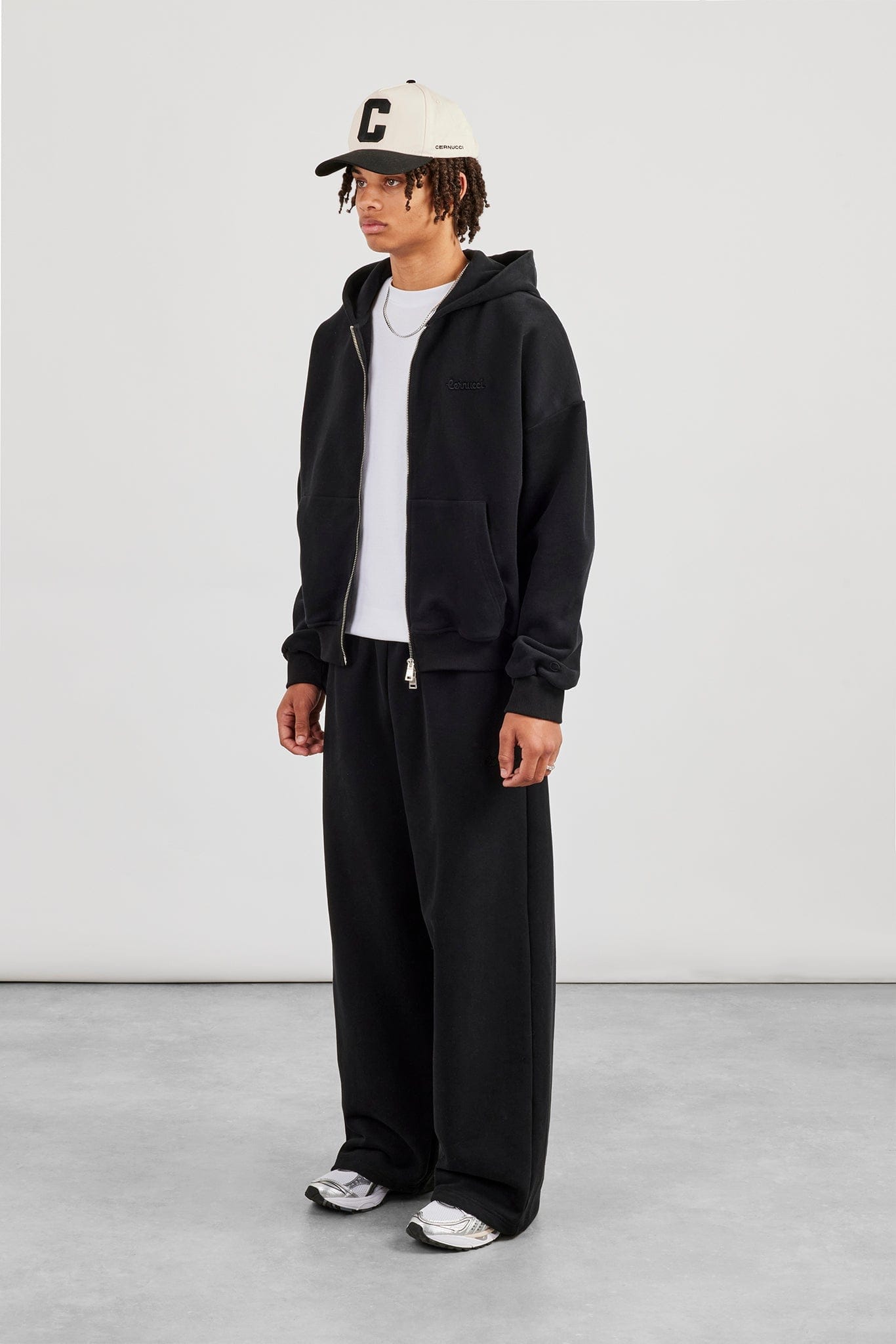 Cernucci Zip Through Boxy Hoodie & Baggy Fit Jogger - Black — S — Size S — Back View
