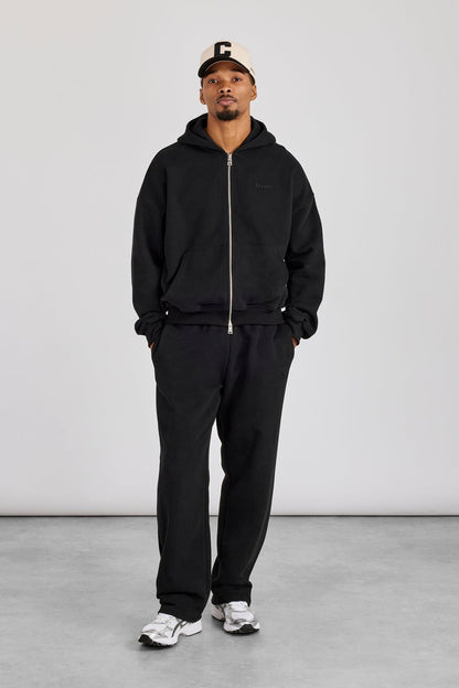 Cernucci Zip Through Boxy Hoodie & Relaxed Jogger - Black — S — Size S — Front View