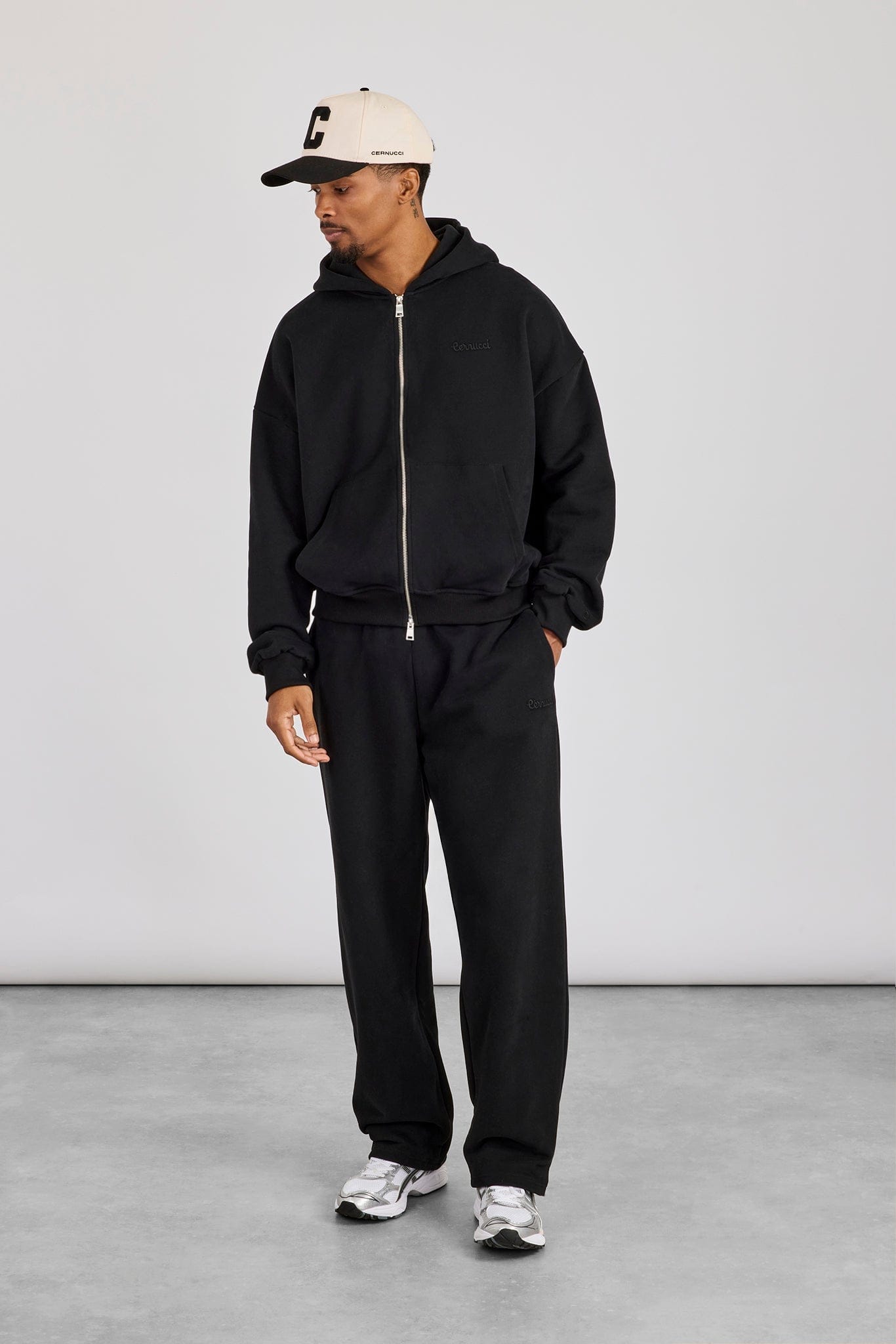 Cernucci Zip Through Boxy Hoodie & Relaxed Jogger - Black — S — Size S — Top View