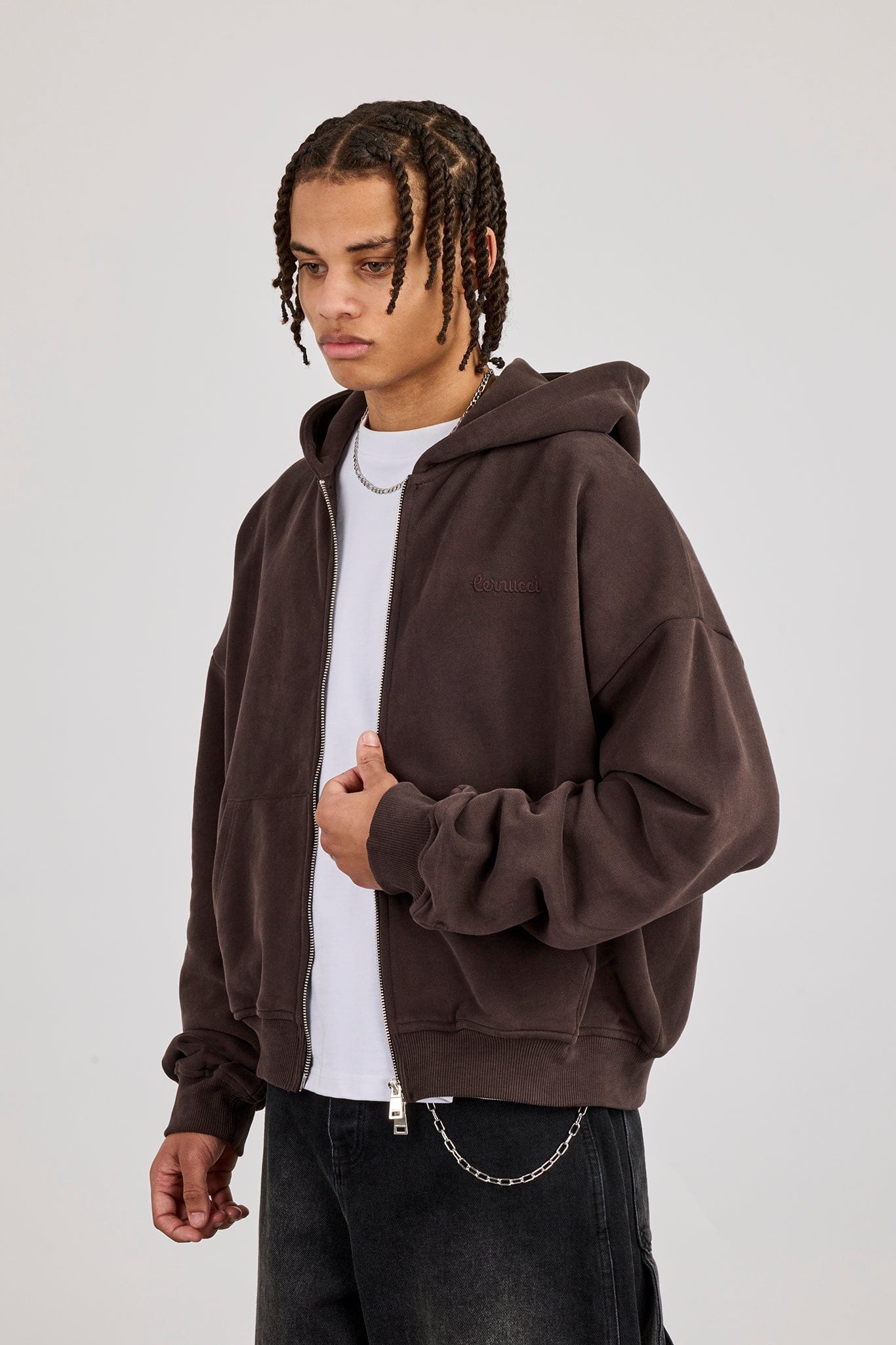 Cernucci Zip Through Boxy Hoodie - Coffee — S — Front View
